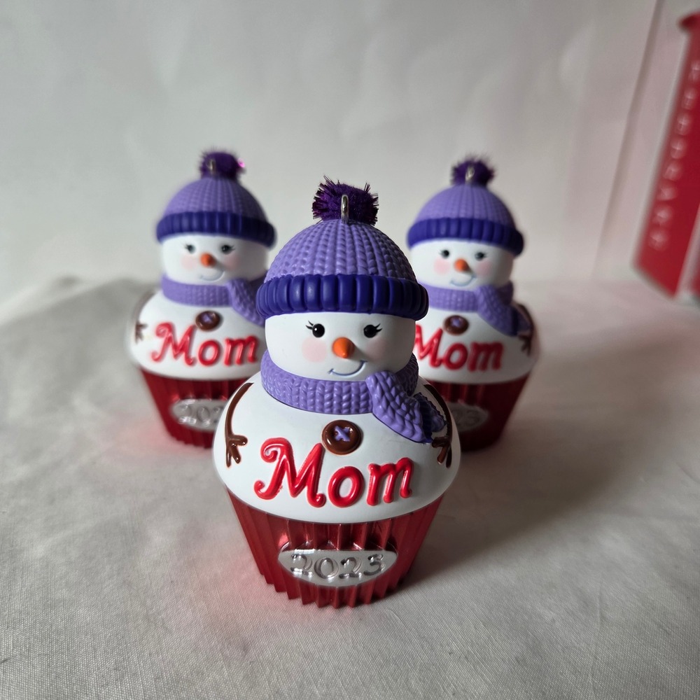 Hallmark 2023 Mom Snowman Cupcake Ornaments Set of 3 Purple Red Holiday Decor